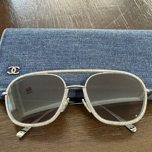 authentic Chanel Silver Aviator Sunglasses with Dark Gray Lenses